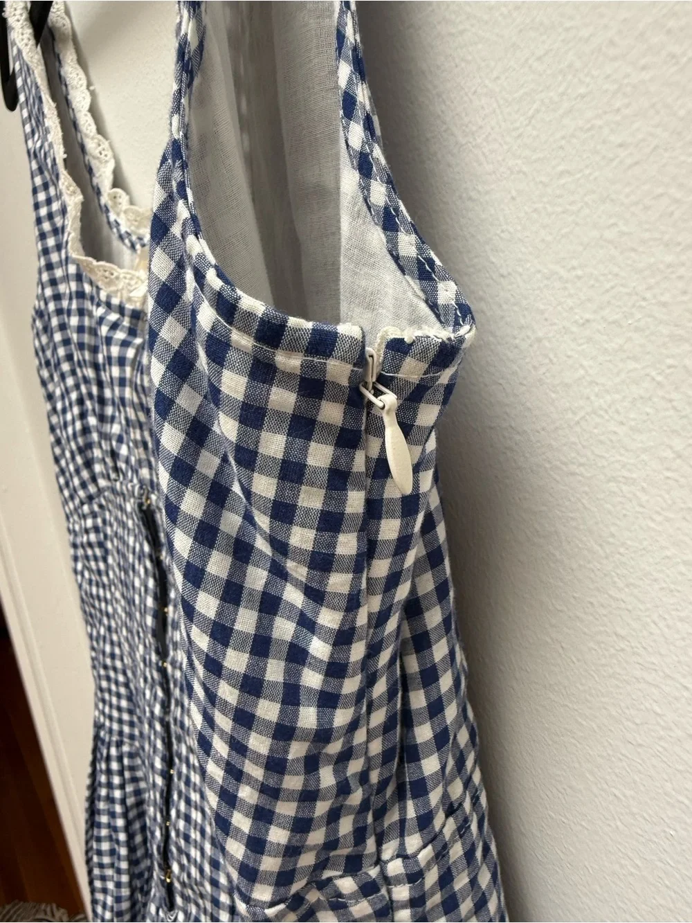 Love Shack Fancy Gingham Lace-Trim Dress - Navy and White